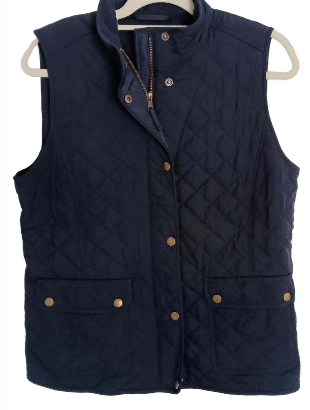 Navy Quilted Chore Vest Zip/Snap Front Pockets Elastic Back Fleece Lined Cozy